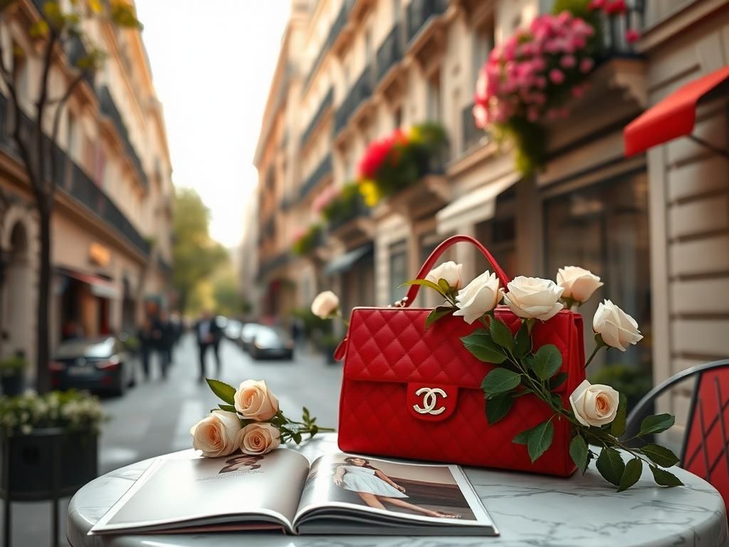 Flick International Chic Parisian street scene featuring a stylish red Chanel handbag and fresh flowers