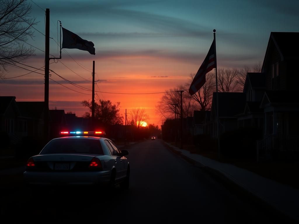 Flick International Empty police car with flashing lights on a quiet suburb street during the sunset