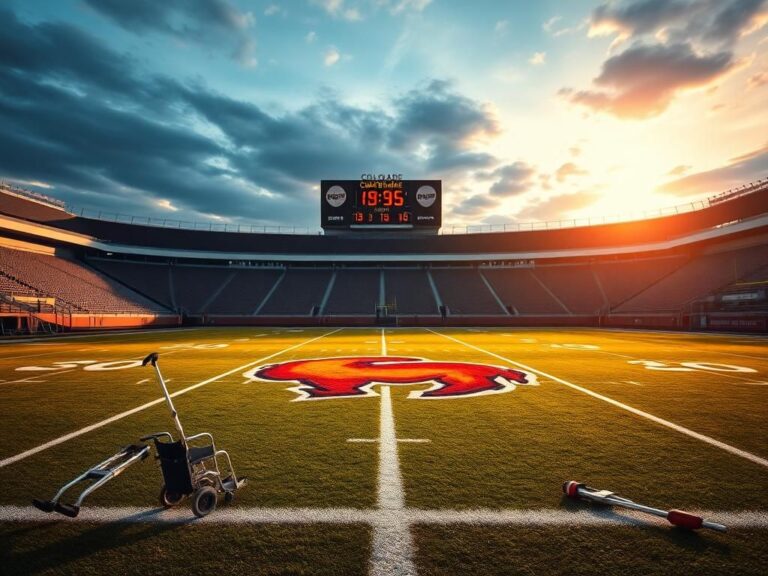 Flick International Dramatic football field scene showcasing Colorado Buffaloes logo under late afternoon sunlight