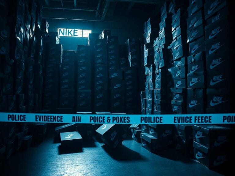 Flick International Dimly lit warehouse filled with stacks of organized Nike shoe boxes and apparel during police raid