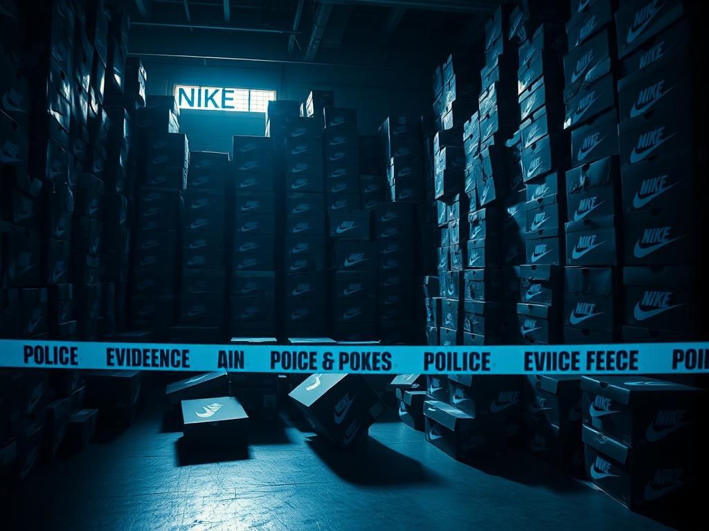 Flick International Dimly lit warehouse filled with stacks of organized Nike shoe boxes and apparel during police raid