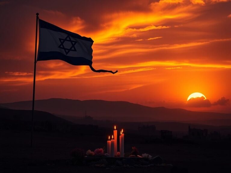 Flick International Silhouetted Israeli flag waving in the wind against a dramatic sunset sky