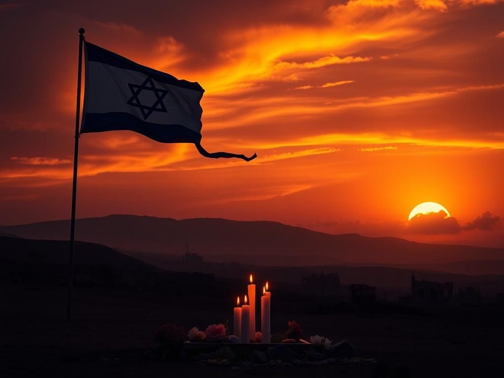 Flick International Silhouetted Israeli flag waving in the wind against a dramatic sunset sky