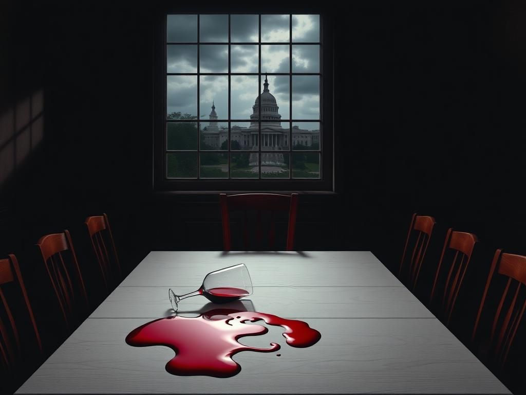 Flick International A dark, moody scene depicting an empty room set for a canceled fundraiser, symbolizing chaos and discord.