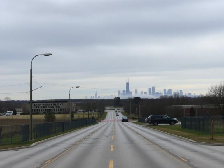 Flick International Scenic view of an Illinois landscape showcasing heightened security measures with barricades and military presence