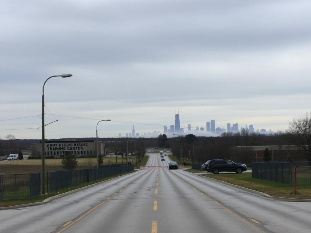 Flick International Scenic view of an Illinois landscape showcasing heightened security measures with barricades and military presence
