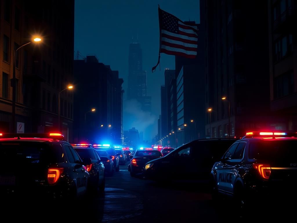 Flick International Dramatic view of a Chicago street at night with police cars and emergency lights