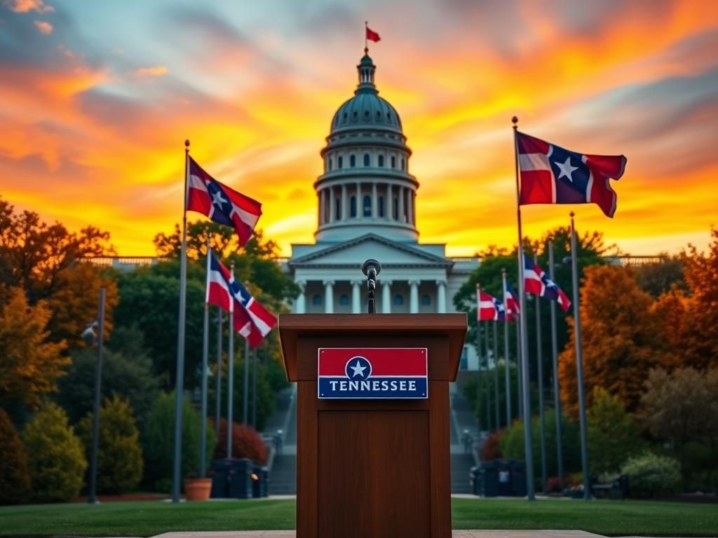 Flick International Bustling Tennessee state capitol building with flags and autumn foliage