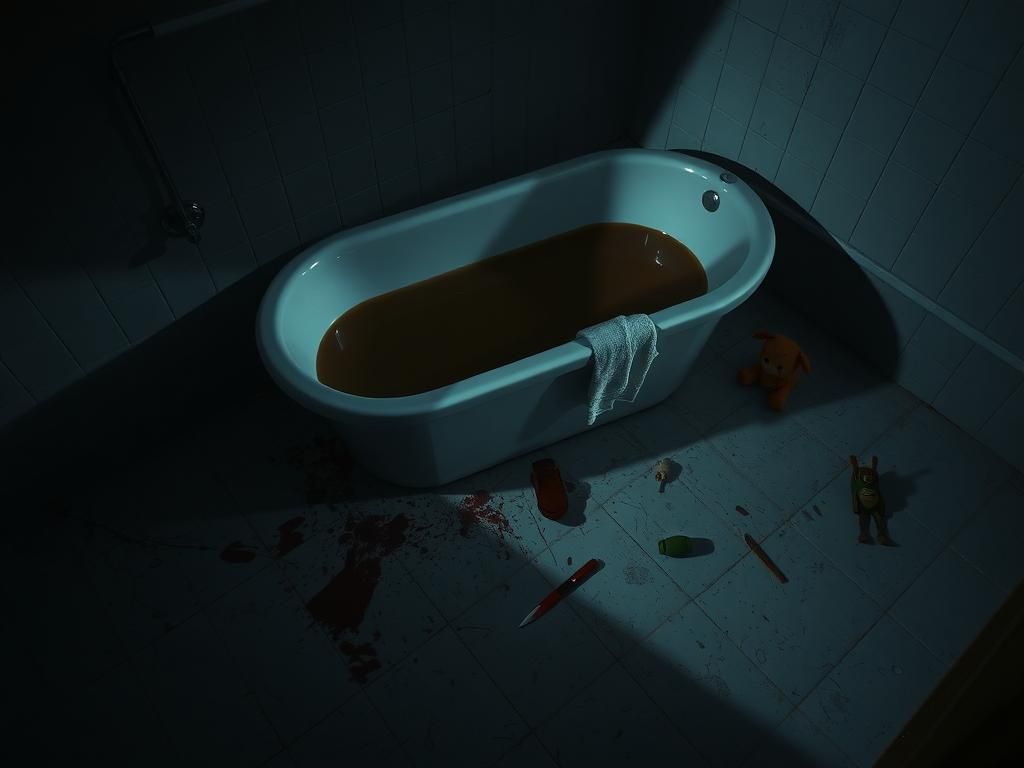 Flick International Dimly lit bathroom scene with murky water and scattered evidence of a tragic event