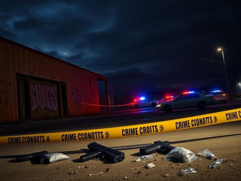 Flick International Dimly lit urban landscape in San Pedro showcasing an abandoned warehouse and police activity