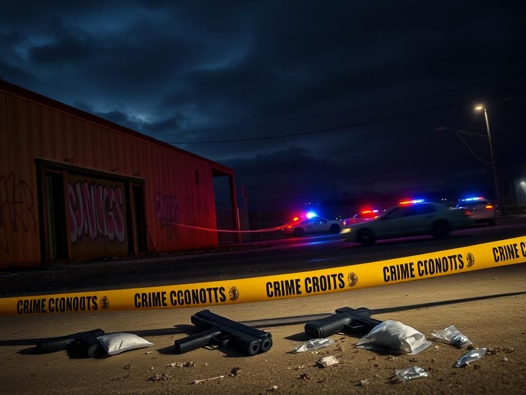 Flick International Dimly lit urban landscape in San Pedro showcasing an abandoned warehouse and police activity