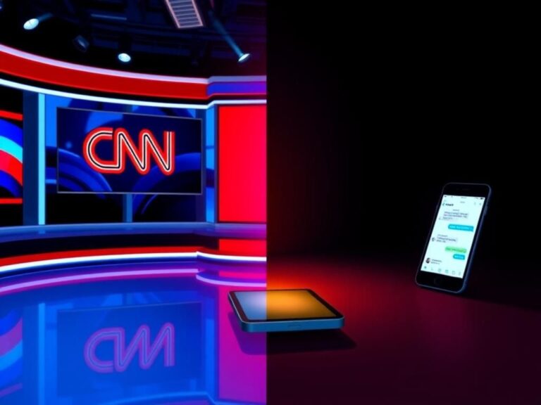 Flick International Digital illustration contrasting a modern news studio and a dark room with text message display