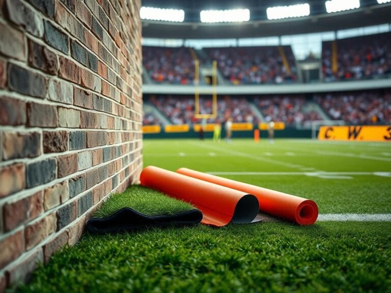 Flick International Close-up view of a football stadium's brick wall with exposed bricks and soft padding rolls