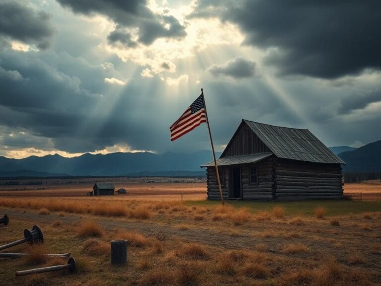 Flick International A rustic farmhouse with an American flag in a dramatic landscape symbolizing patriotism and division.