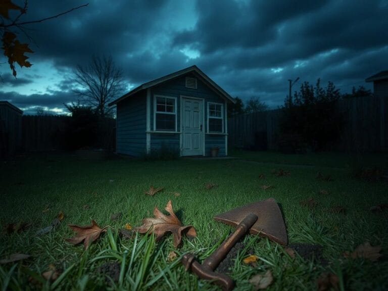 Flick International Abandoned rusted gardening tool in a dimly lit backyard symbolizing a tragic event