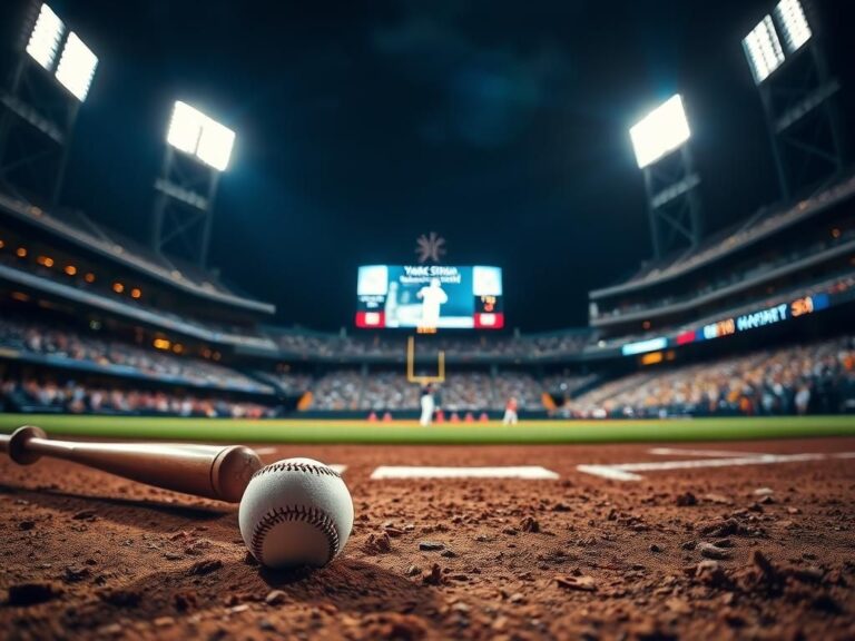 Flick International Dramatic scene at Yankee Stadium during a crucial playoff game displaying a baseball bat and ball near home plate.