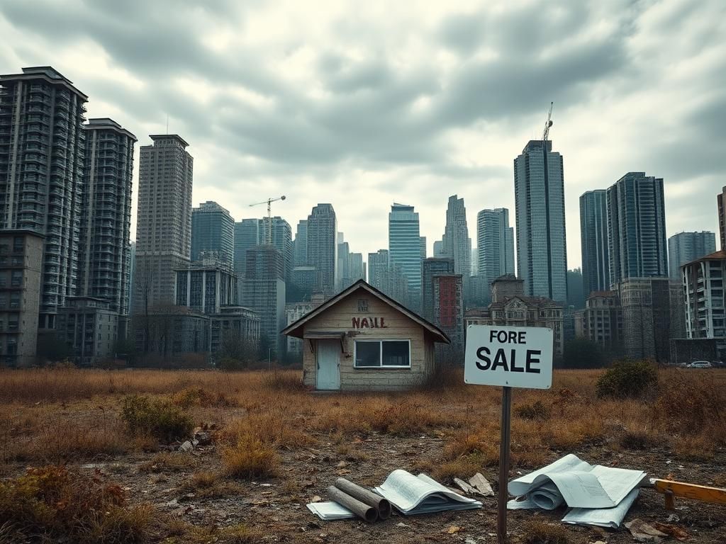 Flick International A dramatic urban landscape illustrating the housing crisis, featuring a dilapidated house in the foreground and towering skyscrapers in the background.