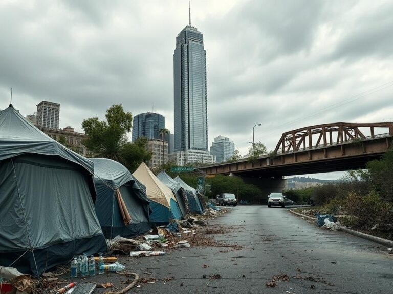 Flick International A desolate urban landscape showcasing a row of tents symbolizing California's homelessness crisis