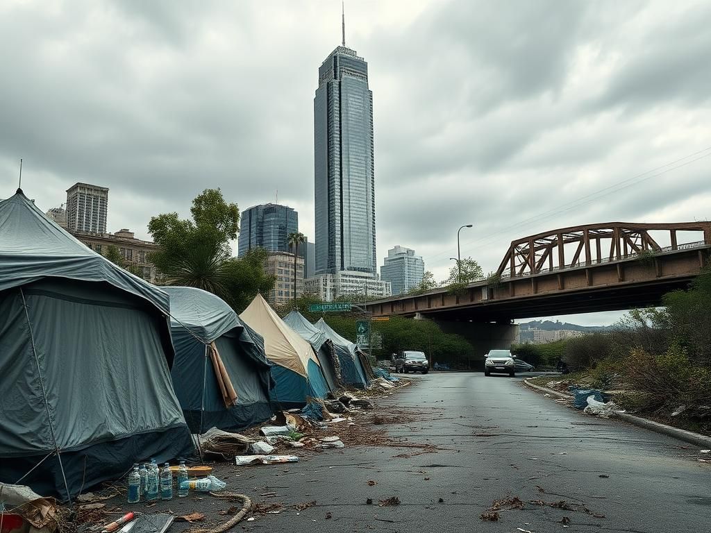 Flick International A desolate urban landscape showcasing a row of tents symbolizing California's homelessness crisis