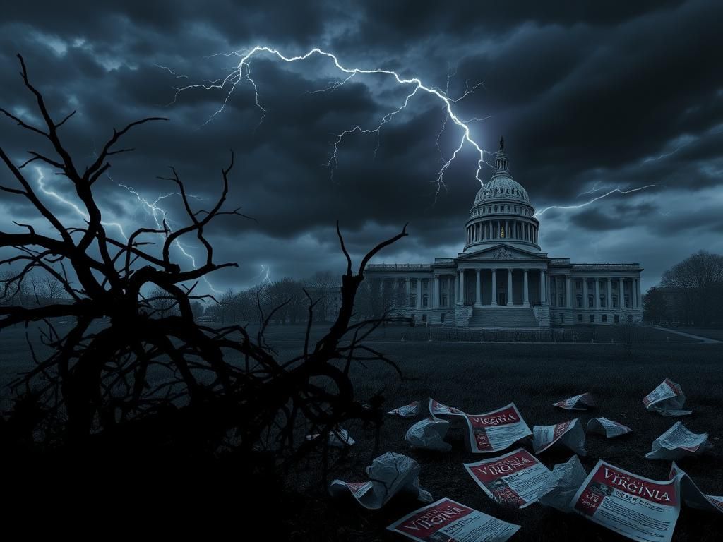 Flick International Dark political landscape in Virginia with crumbling monuments and ominous tree branches