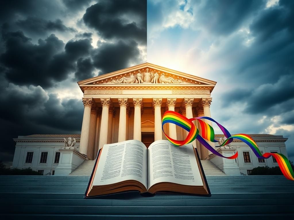 Flick International A symbolic representation of the Supreme Court building with a large open book and rainbow ribbons, illustrating the debate on conversion therapy laws.