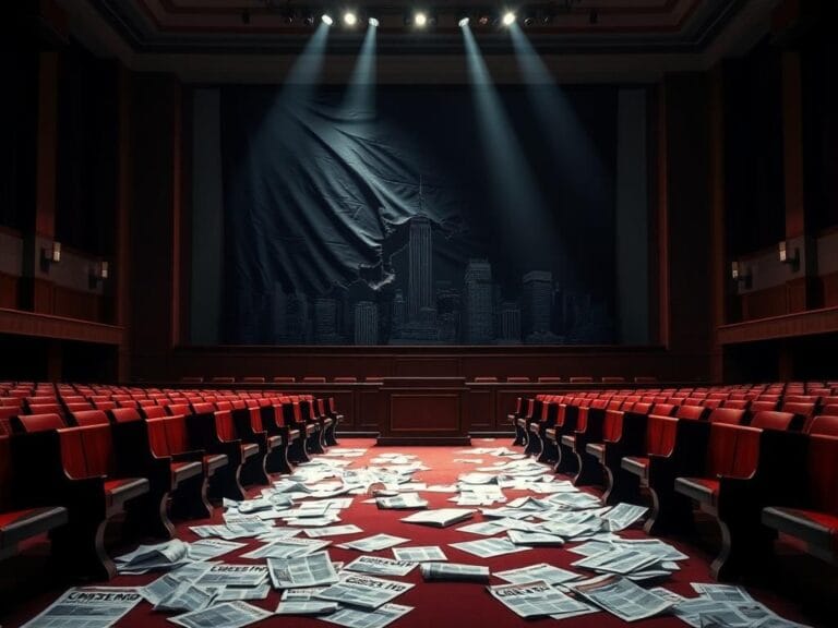 Flick International A somber legislative chamber with empty benches and a tattered American flag