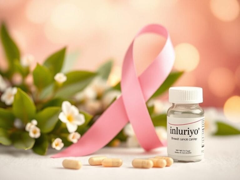 Flick International Close-up of a pink ribbon intertwined with green leaves, representing breast cancer awareness and hope.