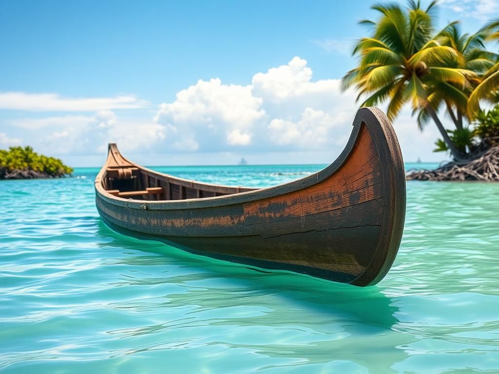 Flick International A mysterious wooden canoe partially submerged in turquoise waters of Fort Myers, Florida.