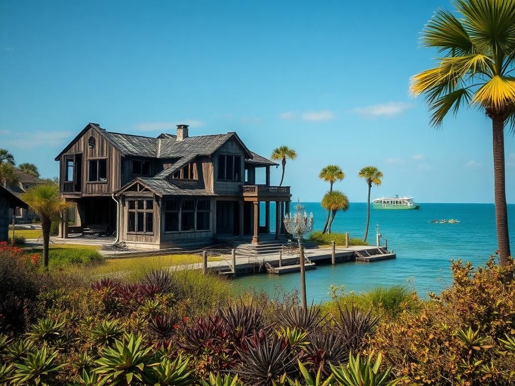 Flick International Devastated waterfront mansion in Edisto Beach after a catastrophic fire