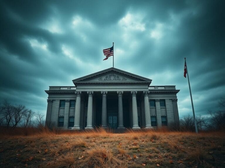 Flick International A dramatic federal courthouse building under a moody sky symbolizing justice and political tension