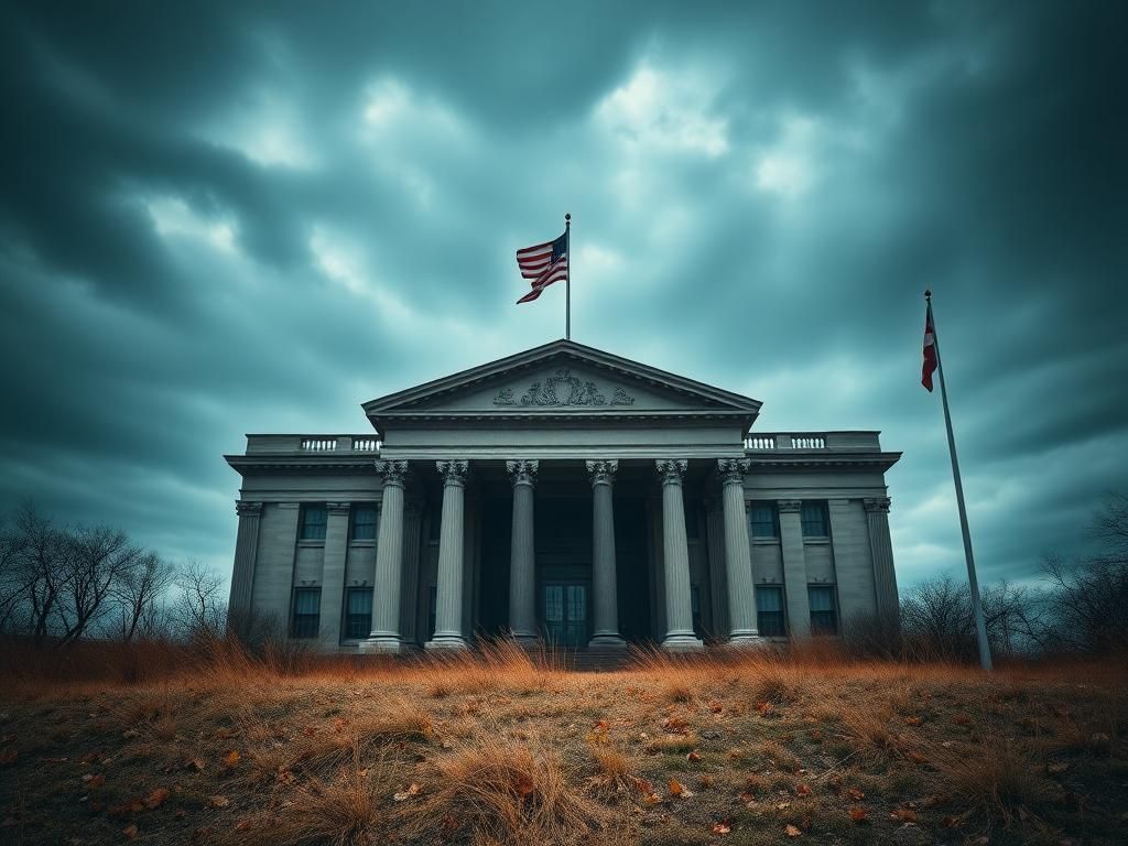 Flick International A dramatic federal courthouse building under a moody sky symbolizing justice and political tension