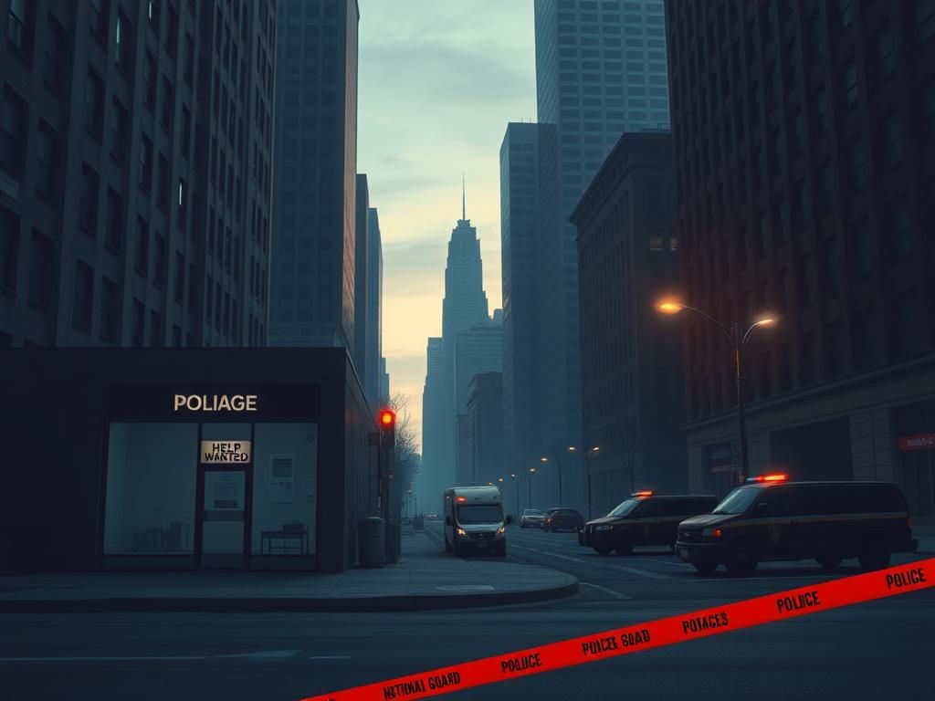 Flick International Urban landscape showing a closed police station with a 'Help Wanted' sign and National Guard vehicles nearby, emphasizing police shortages in cities.