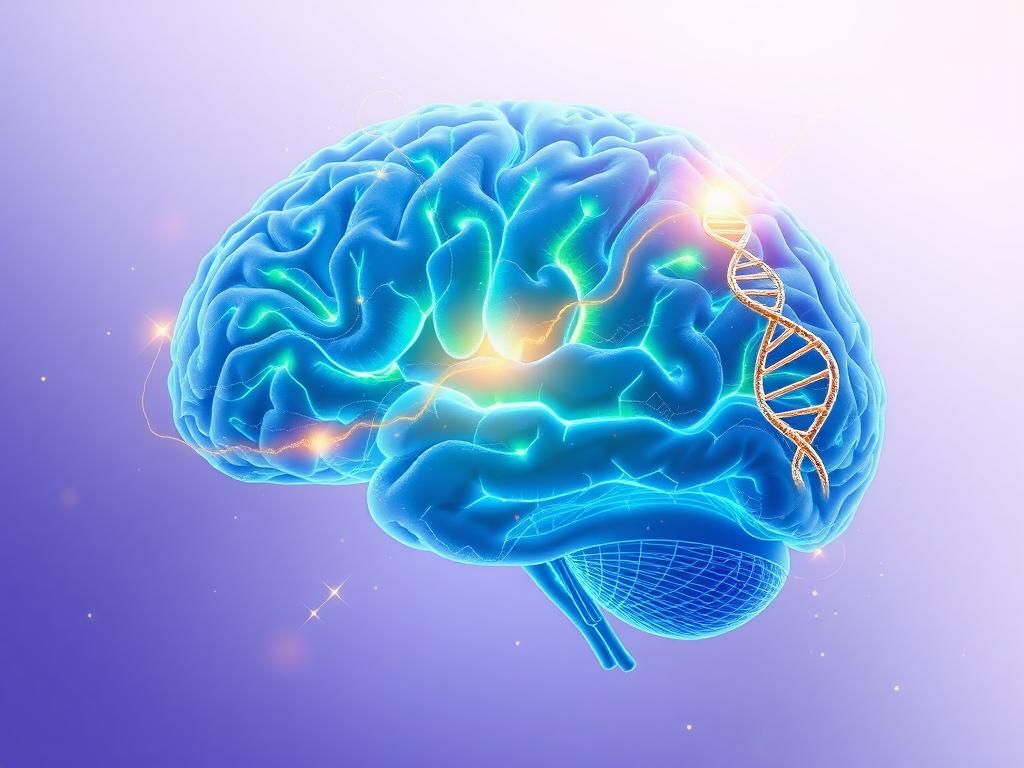 Flick International Abstract representation of the human brain with glowing neural pathways and DNA strands symbolizing gene therapy