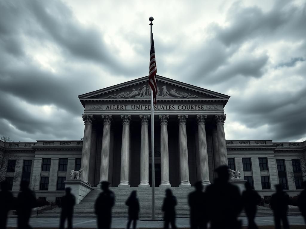 Flick International Exterior view of the Albert V. Bryan United States Courthouse with an American flag at half-mast