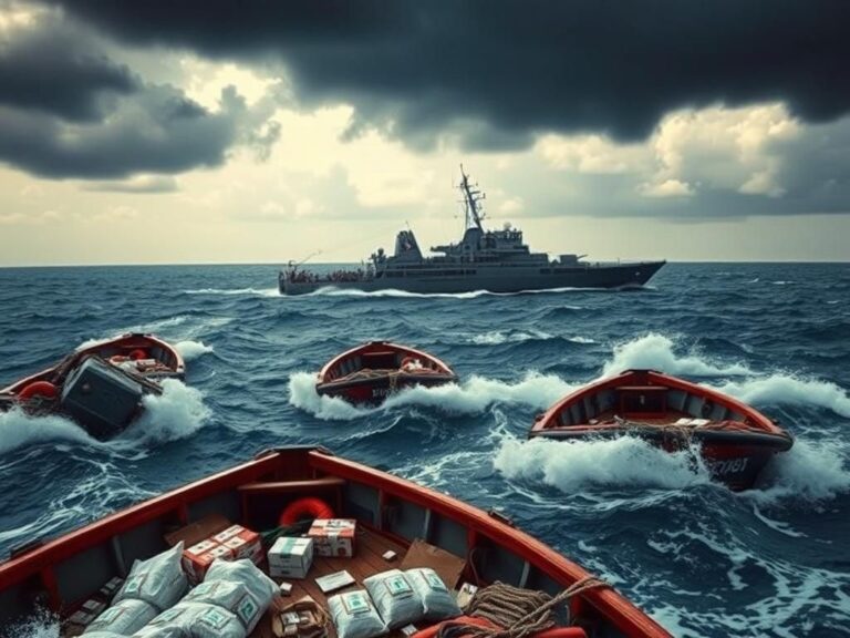 Flick International Fleet of boats from the Gaza flotilla struggling in tumultuous waters under dark clouds