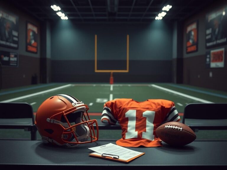 Flick International Oversized football gear on a bench at a practice facility, symbolizing the role of a third-string quarterback.