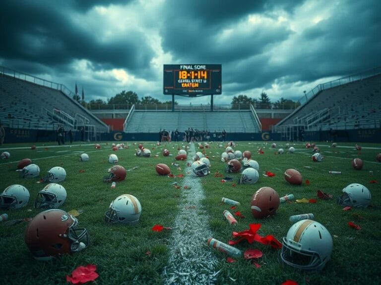 Flick International Scene of a chaotic football field after a brawl with scattered gear and empty helmets