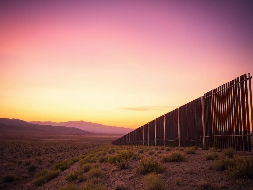 Flick International A serene U.S.-Mexico border landscape at golden hour depicting a worn-out border wall and desert flora