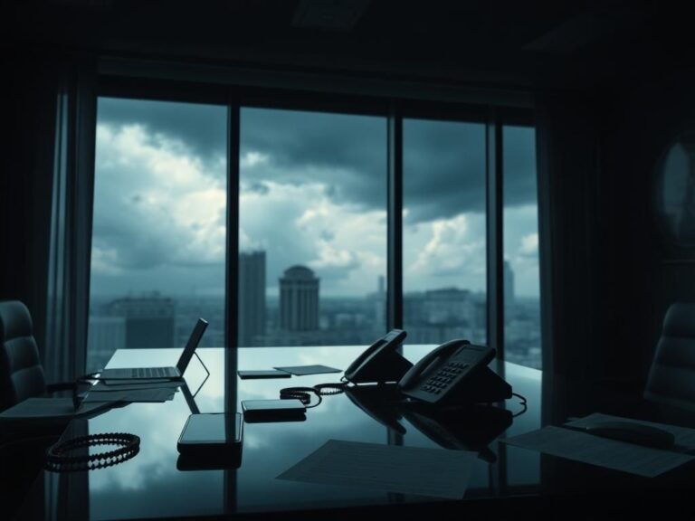 Flick International Dramatic depiction of a darkened office with communication devices symbolizing surveillance.