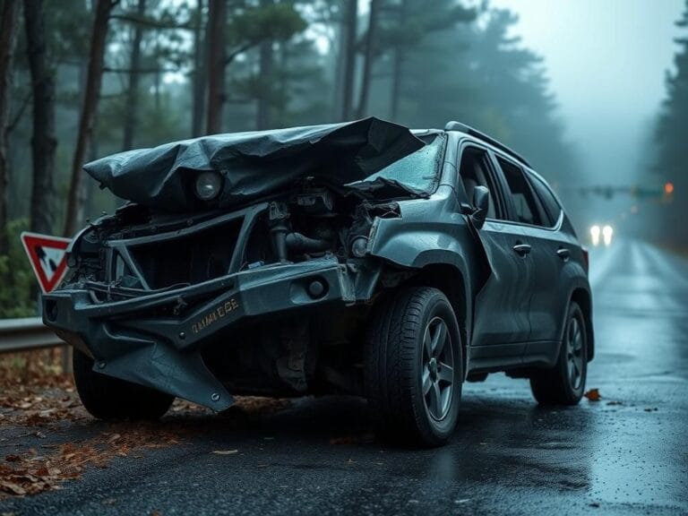 Flick International Severely damaged SUV at the side of a rural highway in North Carolina after a car crash.