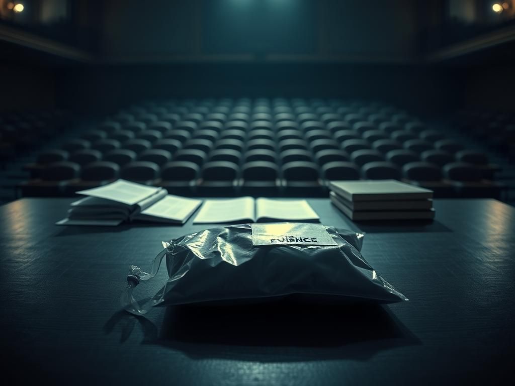 Flick International Dramatic courtroom setting with empty defense table and legal documents