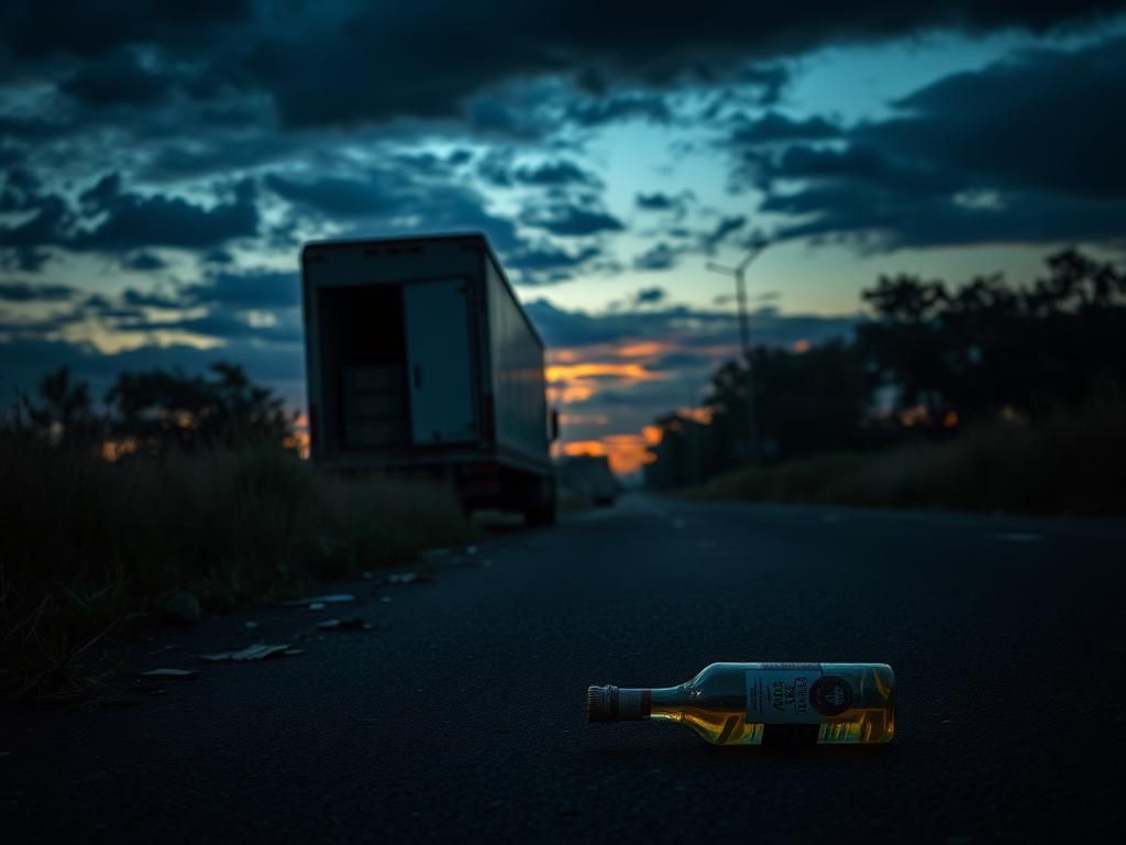 Flick International Abandoned semi-truck with Santo Tequila crates on a dimly lit highway