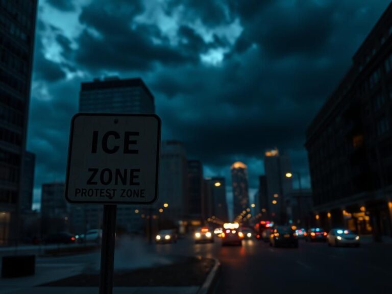 Flick International Dimly lit Chicago street scene highlighting tension with a worn street sign reading 'ICE' and 'Protest Zone'.