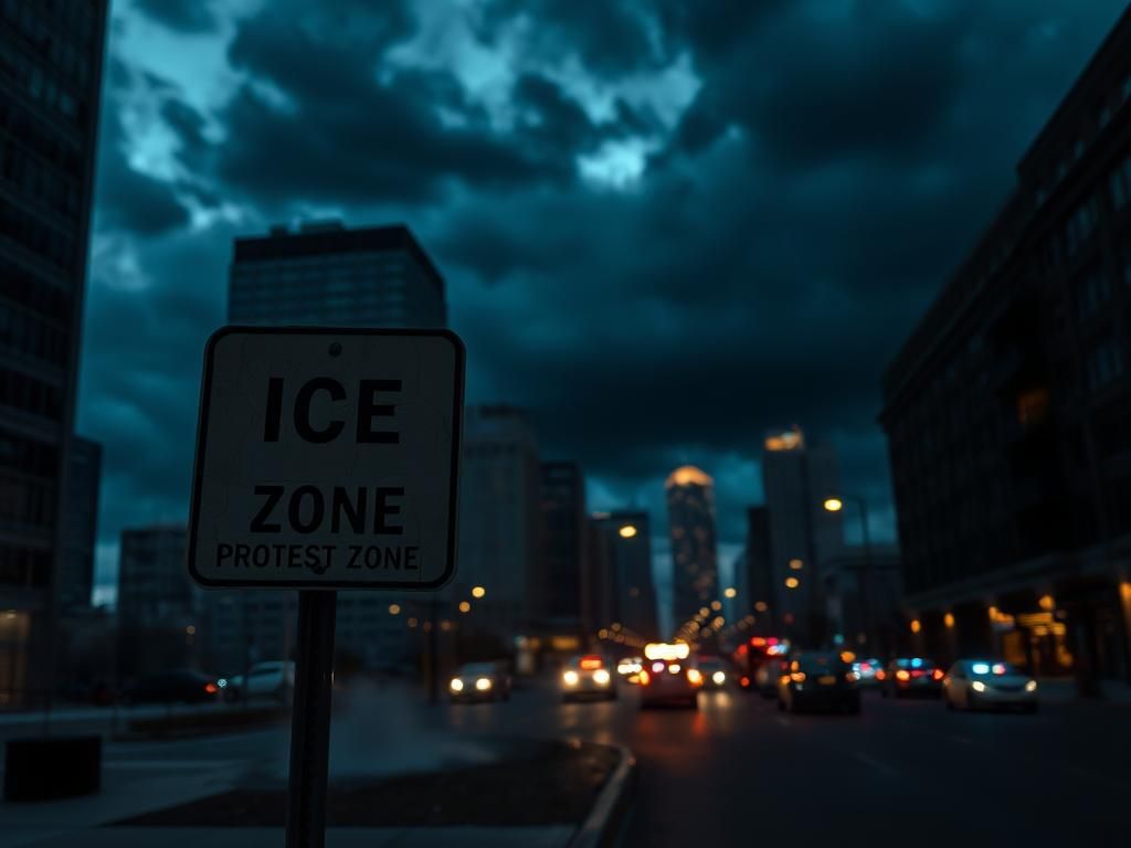 Flick International Dimly lit Chicago street scene highlighting tension with a worn street sign reading 'ICE' and 'Protest Zone'.