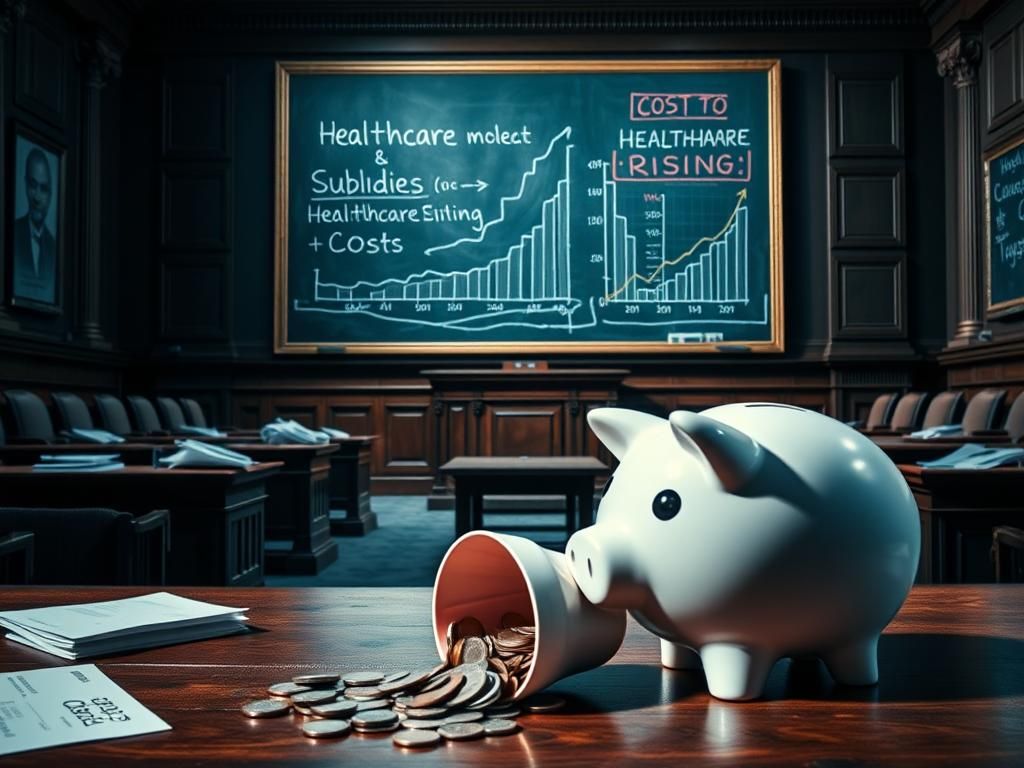 Flick International Empty legislative chamber with scattered papers symbolizing government shutdown impact on healthcare