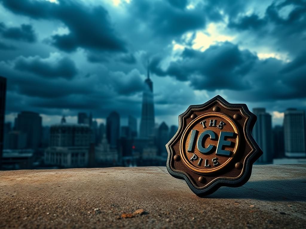 Flick International A dramatic urban scene of Chicago featuring the Willis Tower and a large ICE badge on a concrete surface under dark clouds