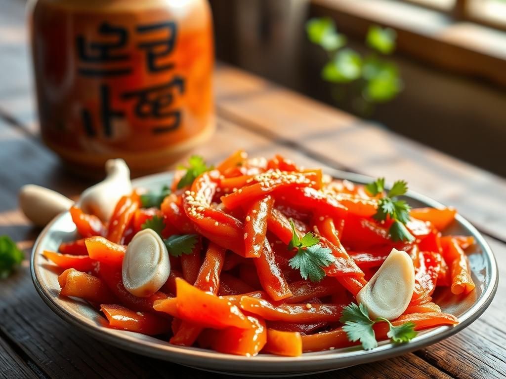 Flick International Close-up of a vibrant plate of kimchi with garlic and ginger on a rustic wooden table