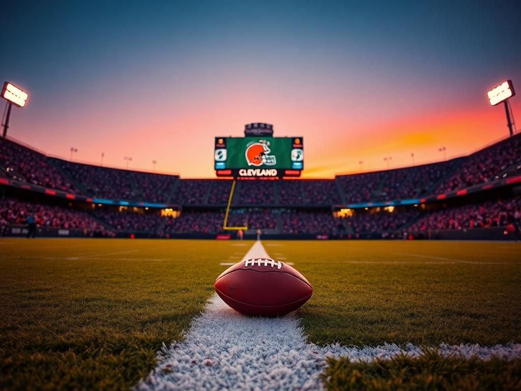 Flick International A vibrant football stadium at twilight showcasing the Cleveland Browns logo and a football on the field