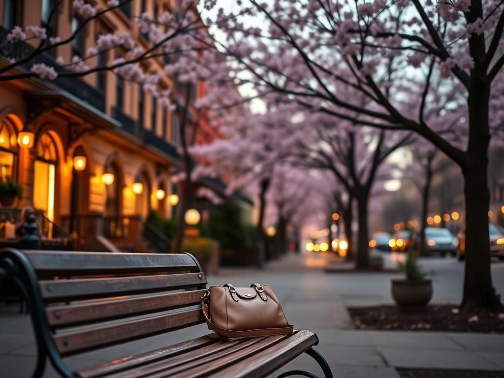 Flick International Serene New York City street at dusk with brownstone buildings and cherry blossom trees