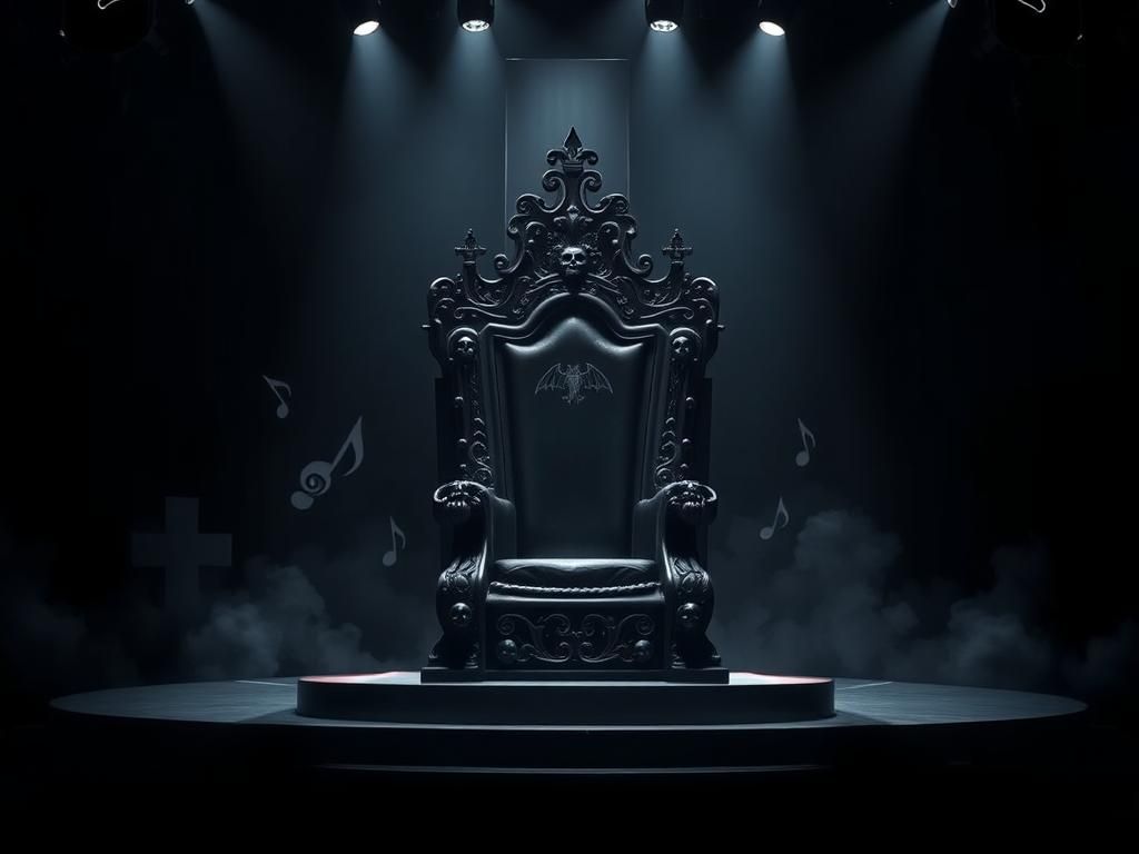 Flick International Empty ornate black throne symbolizing Ozzy Osbourne's legacy in a dimly lit concert hall